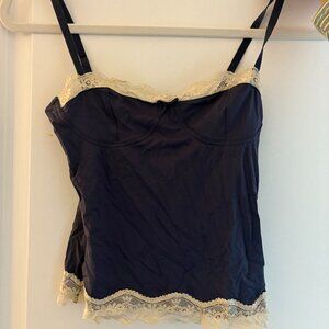 Princess Polly Tank Top- navy/tan & lace trim